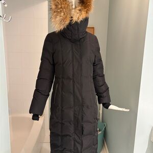 Mackage Long Black Puffer Coat with Fur Trim